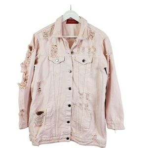 AKIRA Long Light Baby Pink Punk Rock Goth Grunge Distressed Bomber Jean Jacket